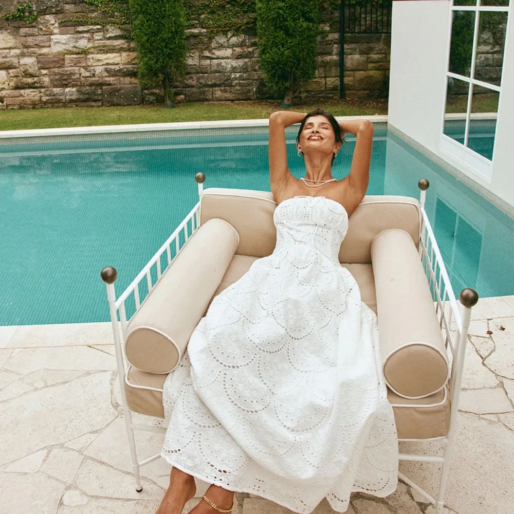 Strapless White Eyelet Midi Dress - Picture 1 of 5